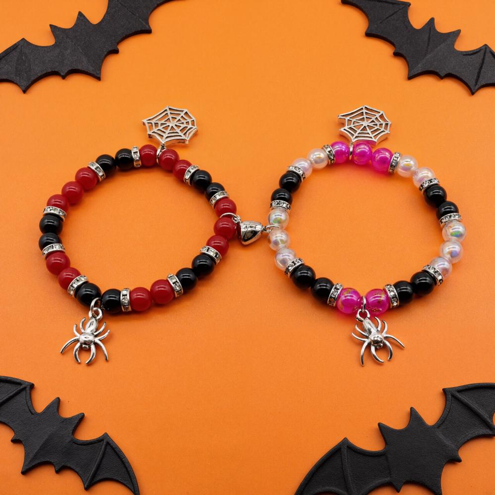 2Pcs Spider web Halloween Bat Handmade Bead Bracelets BFF Bracelets Couple Bracelets Gift for Family