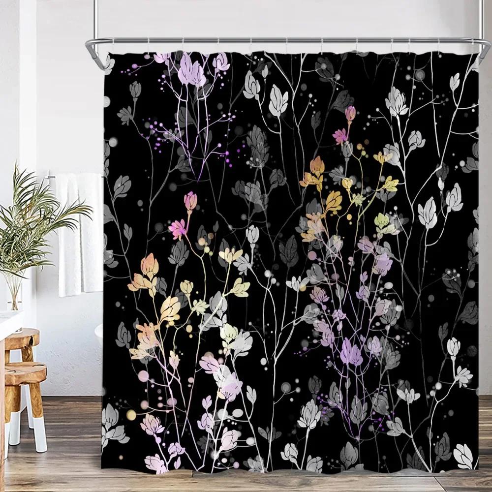 Vintage Floral Shower Curtain Plant Butterfly Floral Bathroom Curtain Decorative Polyester Bathtub Curtain With Hook