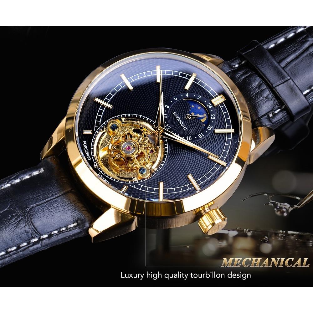 Forsining Men's Fashion Casual Hollow Moon Phase Carved Hollow Automatic Mechanical Watch GMT1177-2-A