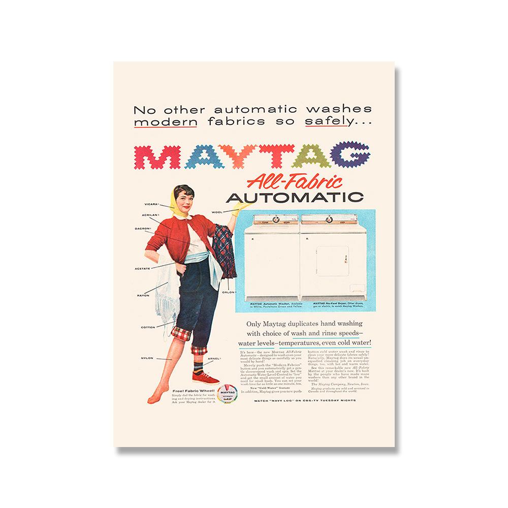 

Рекламный плакат стиральной машины и сушилки 1950-х годов, печать на холсте, винтажная реклама середины века, настенное искусство в ванной комнате, туалете, украшение для прачечной 21x30cm No Framed