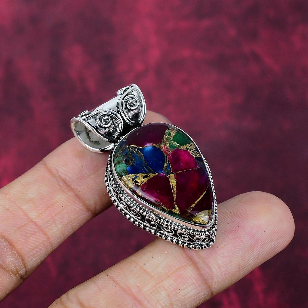 Multi Copper Turquoise Handmade Gemstone Pendant, 925 Solid Sterling Silver Pendant Bohemian Jewelry