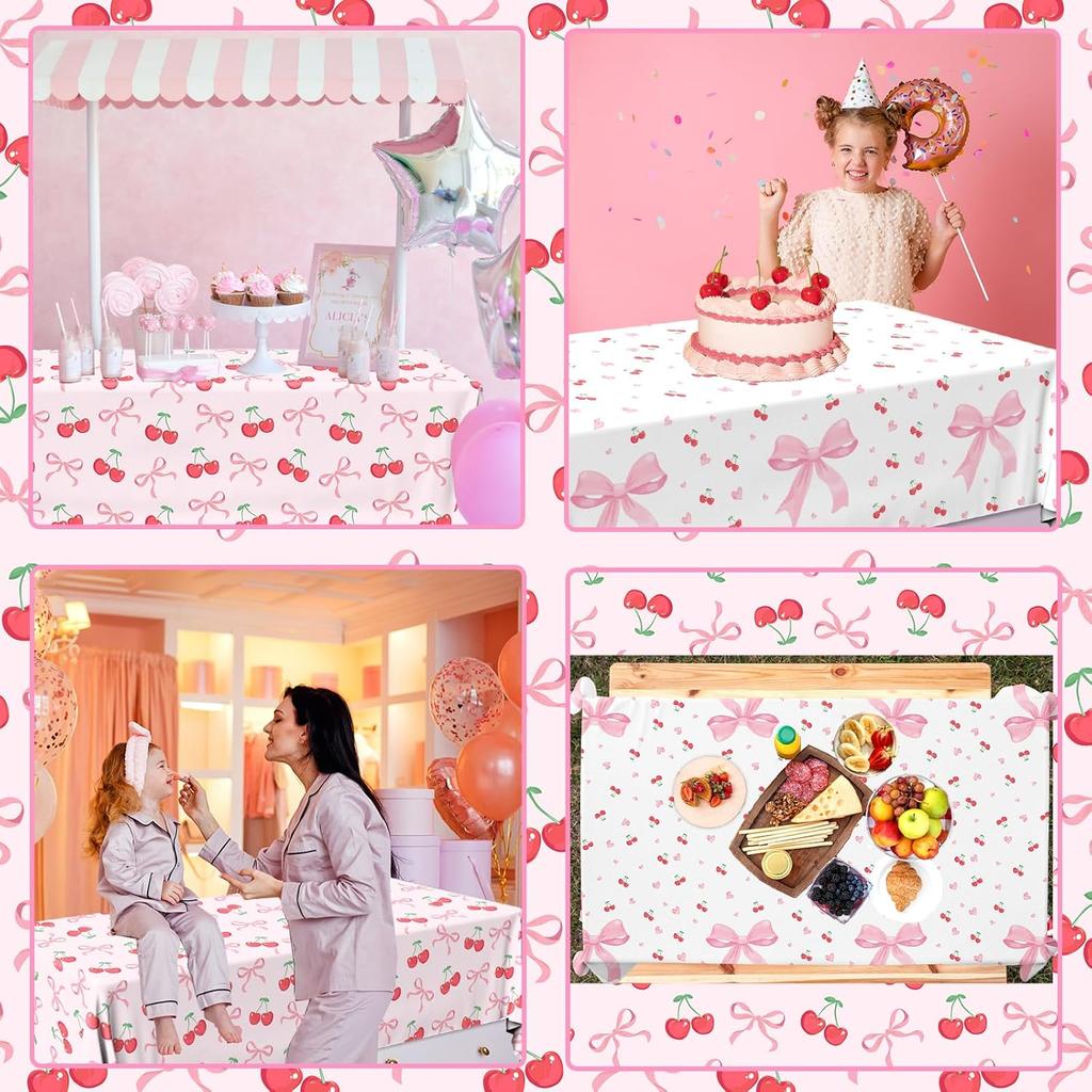Bow Table Cloth,2 PCS Cherry Tableclothes,Pink Bow Waterproof Disposable Plastic Tablecovers for Birthday Bridal/Baby Shower Cherry-Themed Party