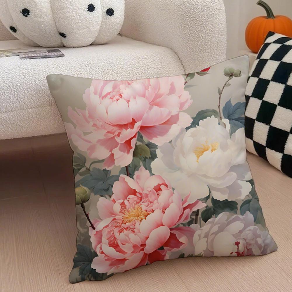Delicate Peony Pillow Chinese Flower Decor Cushion Cover Throw Pillow Cover Hidden Button Durable Polyester Chair Cushion