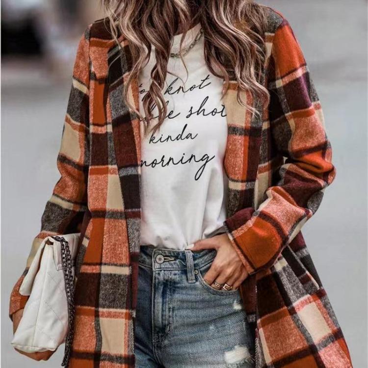 Women Vintage Casual Winter Wool Long Sleeve Loose Coat Polo Neck Jacket Plaid Print Pocket Outerwear