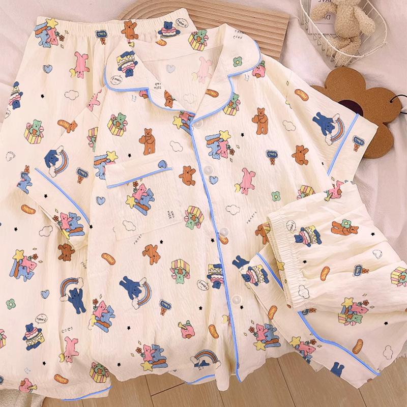Mengqu Happy Bear Spring And Summer Pajamas Women'S Summer Short Sleeve Three-Piece Cute Loungewear