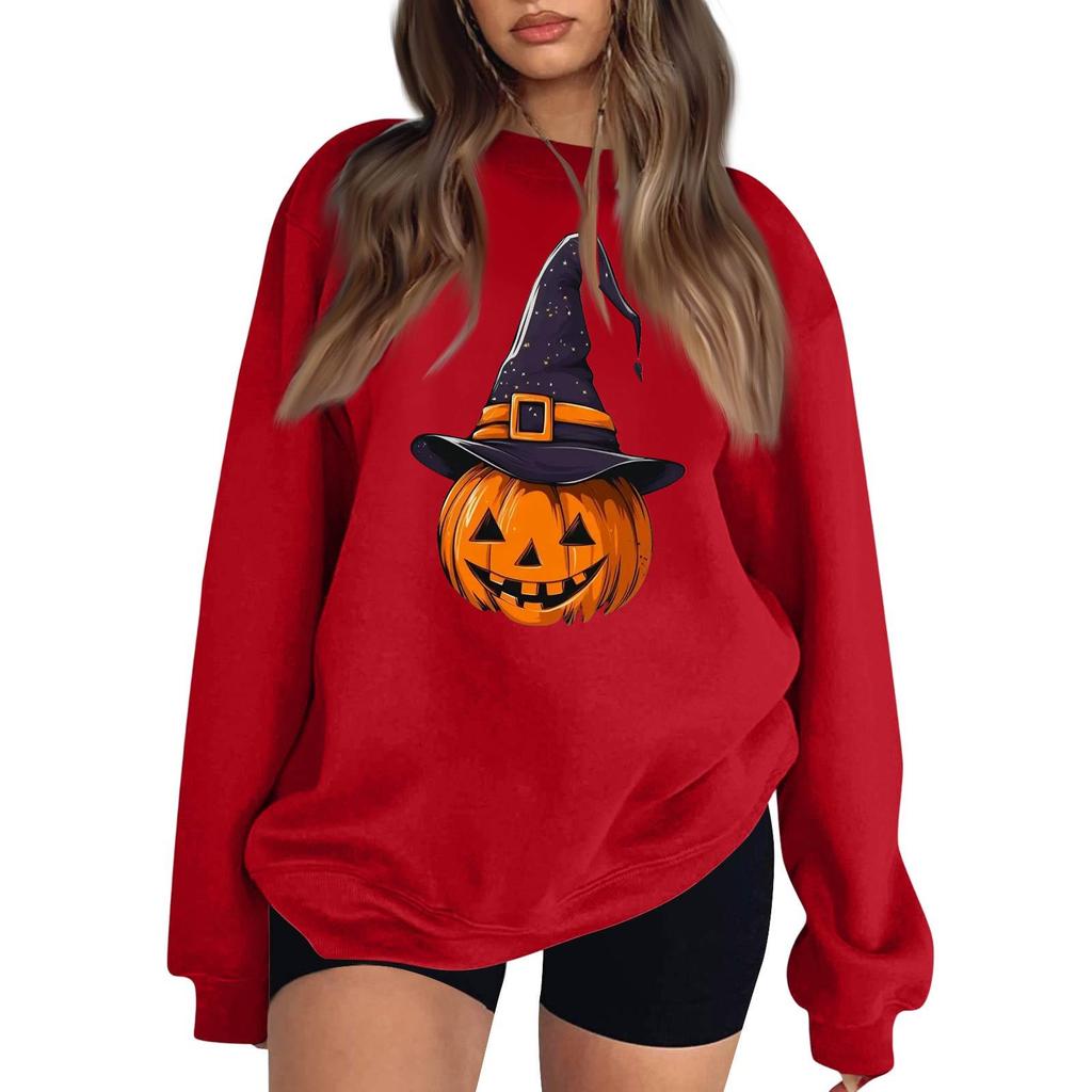 Women's Long Sleeve Neck Sweatshirt Loose Fit Casual Pullover Top with Small Halloween Print