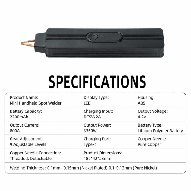 Portable Battery Welding Tool for Phone Repair and Pack Joining, Type-C Rechargeable Handheld Repair Device with Output Control and Copper Probes