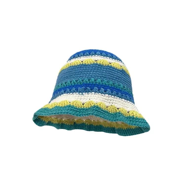 Cute Dopamine Wind Japanese Handmade Crochet Knitted Bucket Hat Rainbow Rhombus Plaid Wool Bucket Winter Basin Hat Bucket Hat