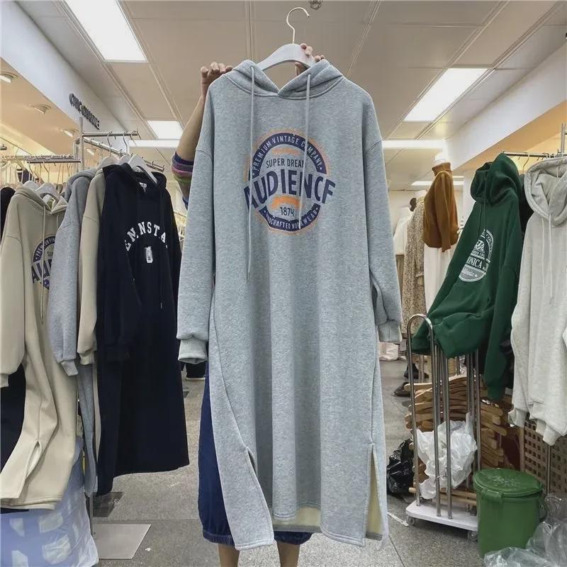 Korean-Style Winter Oversized Velvet Hooded Printed Knee-Length Dress for Women