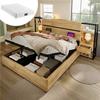 Wooden Double Bed 160×200cm, Hydraulic Bed, Headboard with Drawers and USB & Type-C Charging Port, Frame with Wooden Slats, Oak Color (with Mattress)