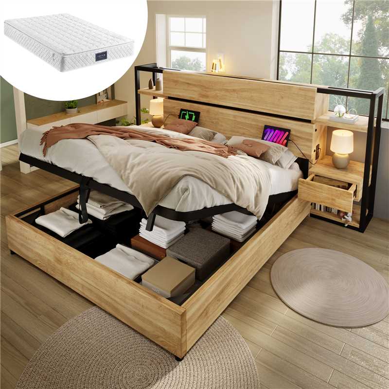 Wooden double bed 160×200cm, hydraulic bed, headboard with drawers and USB & Type-C charging port, frame with wooden slats, oak color (with mattress)