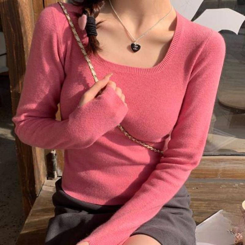 

Базовый слой с квадратным вырезом, женский топ, свитер премиум-класса, облегающий вязаный свитер One Size розовый