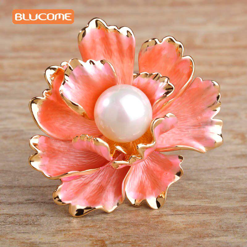 Blucome Enamel Imitation s Flower Scarf Buckle For Women Gold-color One Piece Three Loop Scarves Clip No Pin Brooch Bijoux