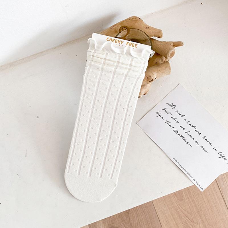 

Polka Dot Socks for Women Summer Black Fungus Fringed Pile Socks Thin Mesh Mid-calf Socks Japanese-style Lace Socks