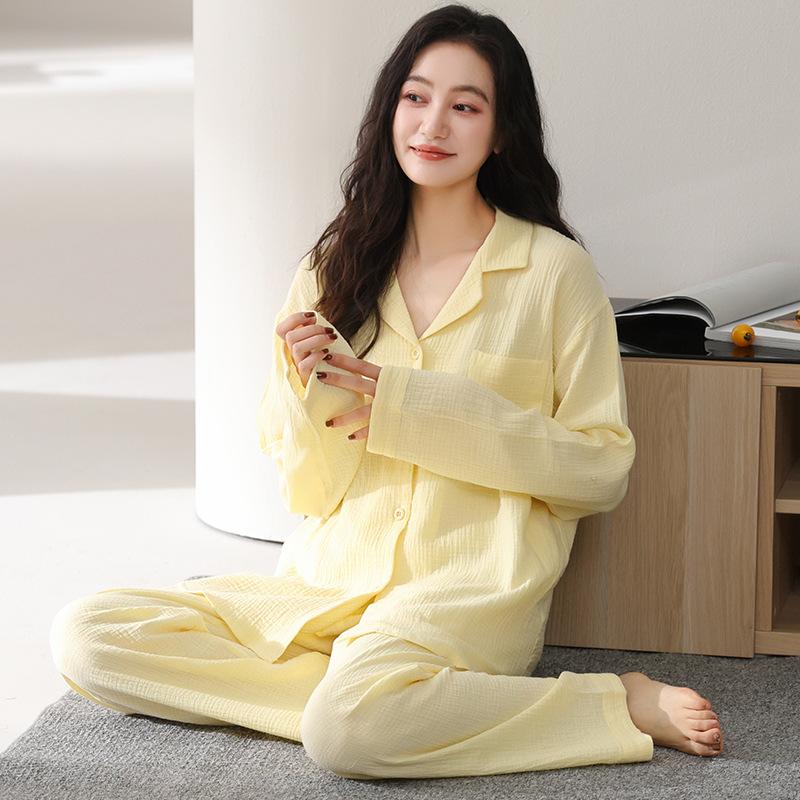Baby cotton double-layer gauze pure cotton pajamas women's spring and autumn long-sleeved 1011 new thin models can be worn outside white loungewear