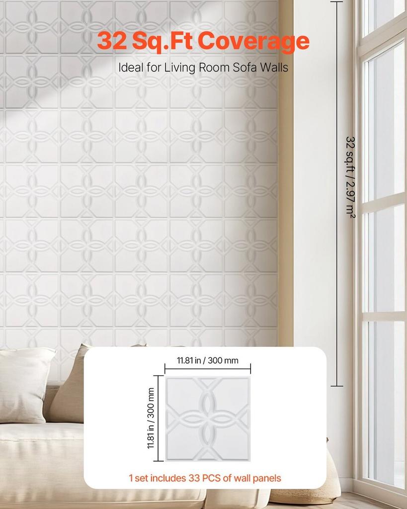 3D Wall Panels 33-Pack 11.81x11.81'' PVC 32 Sq.Ft Coverage Floral White