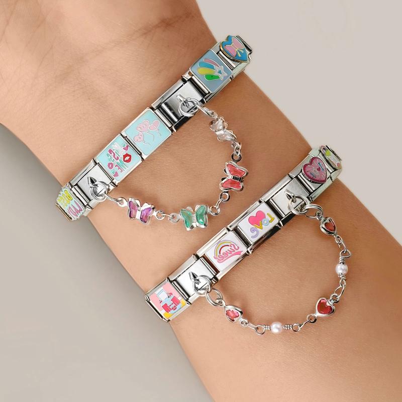 Zircon Bow Knot Moon Butterfly Star Cat Paw Tassel Chain Italian Charm Links Fit 9mm Stainless Steel Bracelet Women DIY Making