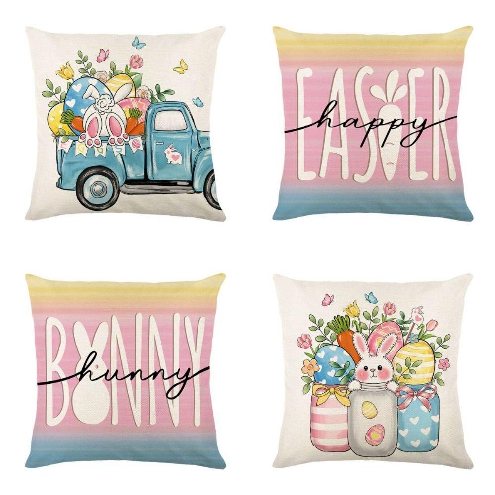 Easter Celebration Pillowcase Cartoon Bunny Egg Polyester Cushion Covers with Zipper Floral Pattern Sofa Pillow Cover
