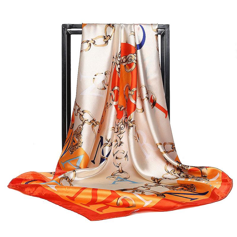 Luxury Women Silk Scarf Square Bandana Design Brand Headband Female Satin Hijab Large Shawl Wrap Lady Kerchief Chain Print New