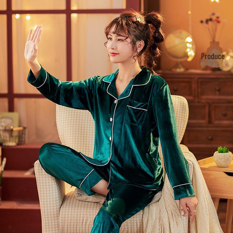 Párové pyžamo ze zlatého sametu: Volný, Jednobarevný, Hřejivý Kardigan na Podzim/Zimu, Pánský & Dámský, Velká Velikost