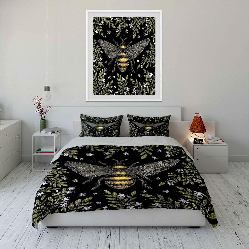 Bee And Plant Black Background Bedding Set For Kids Luxury Gift 3Pcs Digital Print Comforter Set Soft Comfortable Breathable