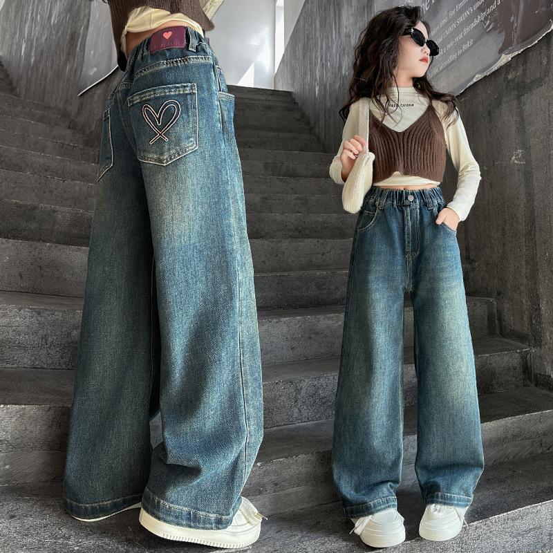 Autumn Cotton Bow Embroidery Girls Jeans Pants Solid Color Loose Wide Leg Trousers for Kids Girls Korean Soft Children Pants