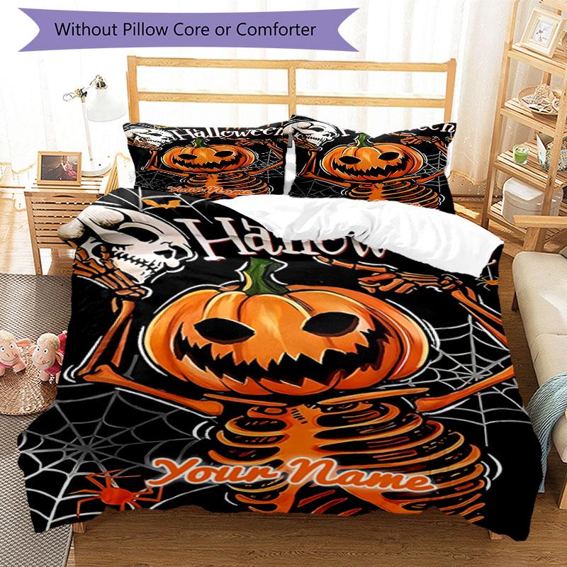 3PC Custom Name Spooky Halloween Skeleton Bedding Set Printed Bedding Set Duvet Cover Closure Includes 1 Duvet Cover & 2 Pillowcases for All Seasons B