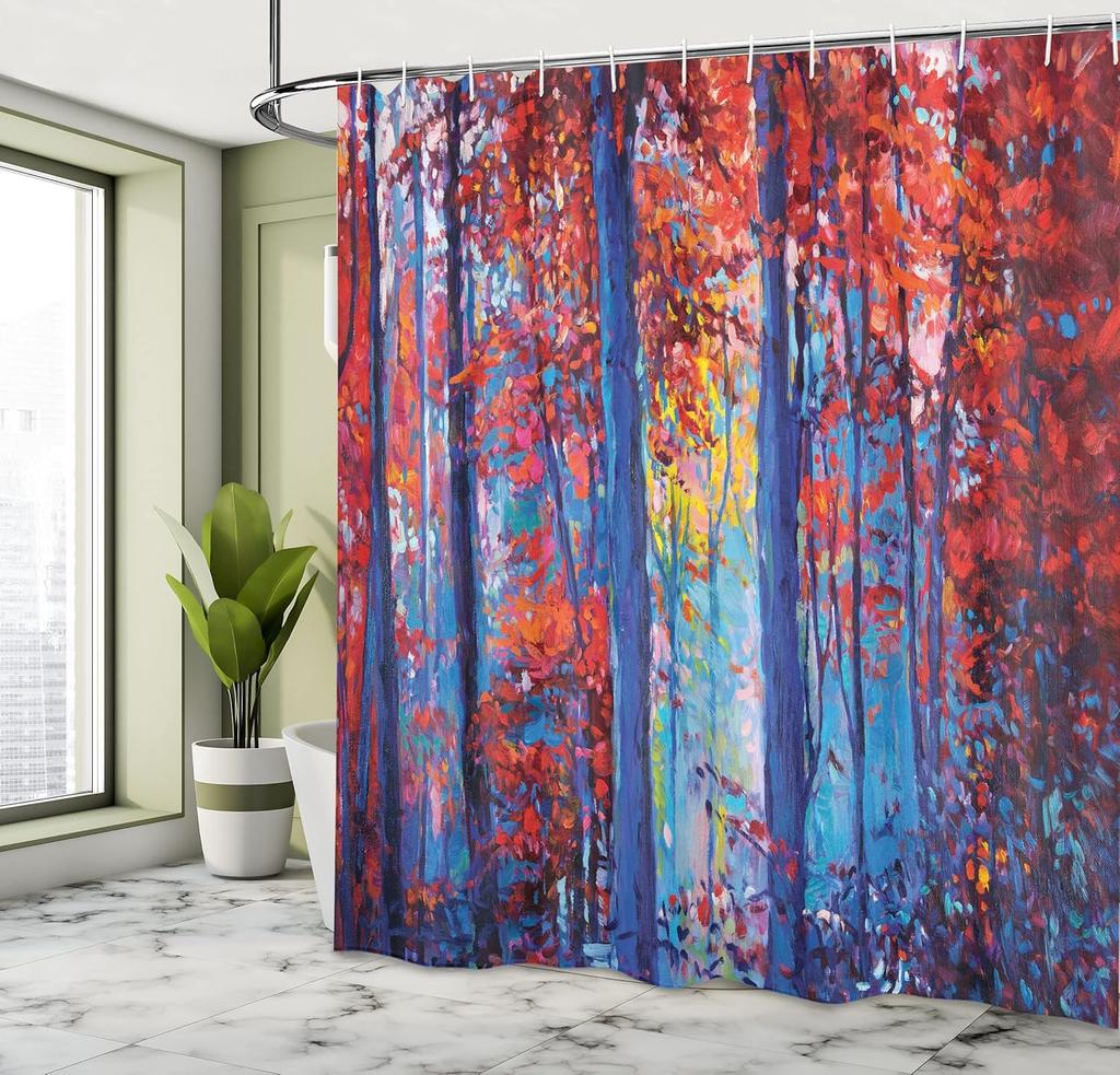 Autumn Forest Shower Curtain with Hooks – Oil Painting Art, Scarlet Blue Impressionist Trees, Modern Nature Decor