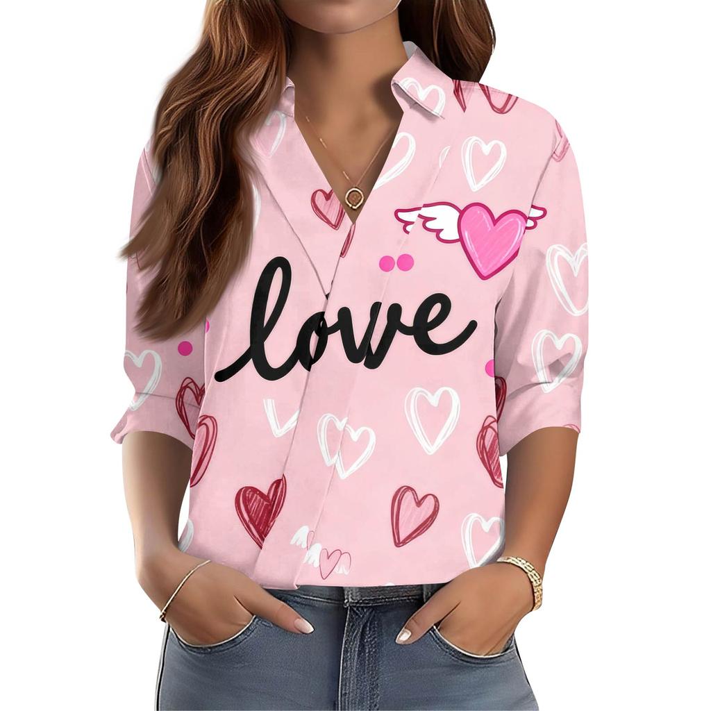 Women's 3/4-Sleeve V-Neck Shirt Printed Workwear Casual Regular Shirt Collar Top