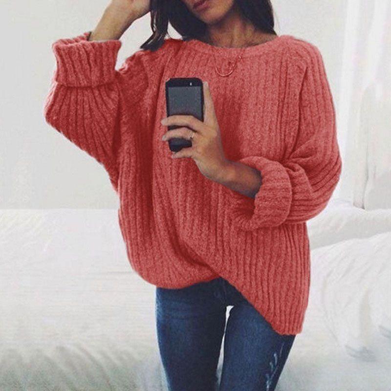 Accogliente Maglione Pullover Autunnale e Invernale a Manica Lunga con Scollo Rotondo in tinta unita