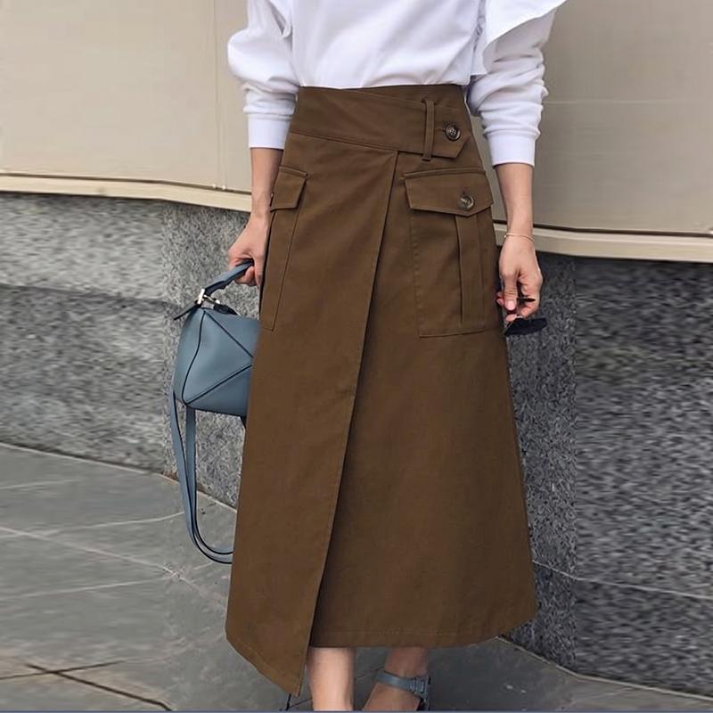 ZANZEA Women Casual Elastic Waist Solid Color Midi Skirts S