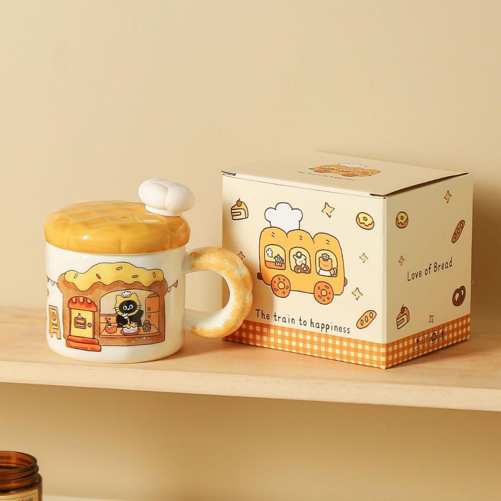 Cute Waffle Mug Good Looking Souvenir Bread Ceramic Cup with Lid  Office Girl Gift Water Cup