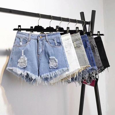 Große Größe Denim Edge Shorts Damen Sommer Hochtailliert Locker Loch Riss Super Shorts