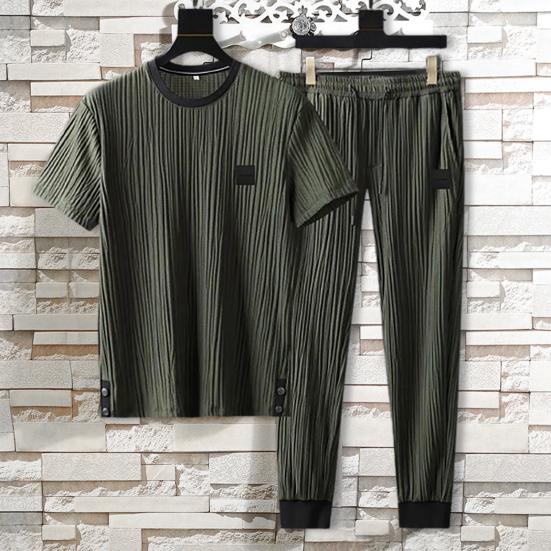 Summer Men Pleated Shirt Pants Two-pieces Set Thin Soft Breathable Tracksuit Casual Sports