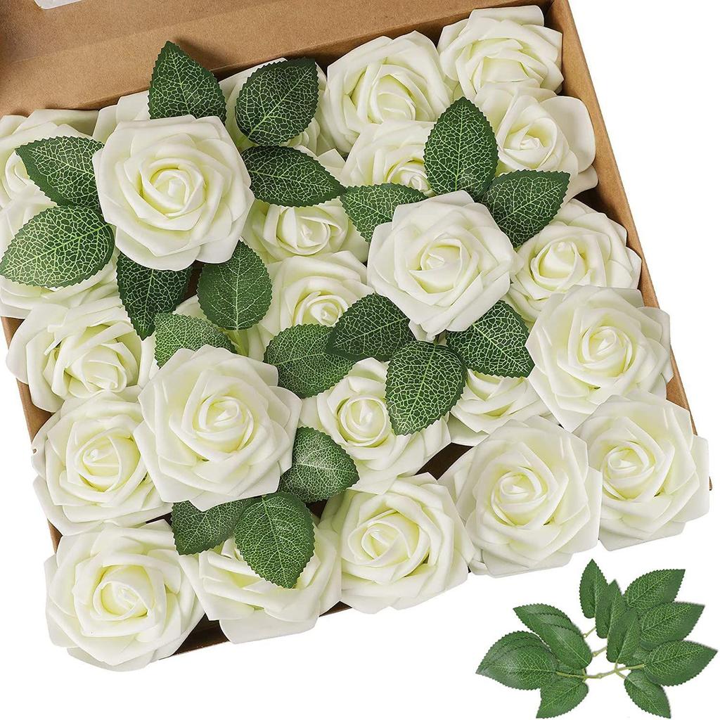 8CM Faux Rose Flower Gift Box Set with Leaves - Includes 25 or 50 Flowers for Home Decoration