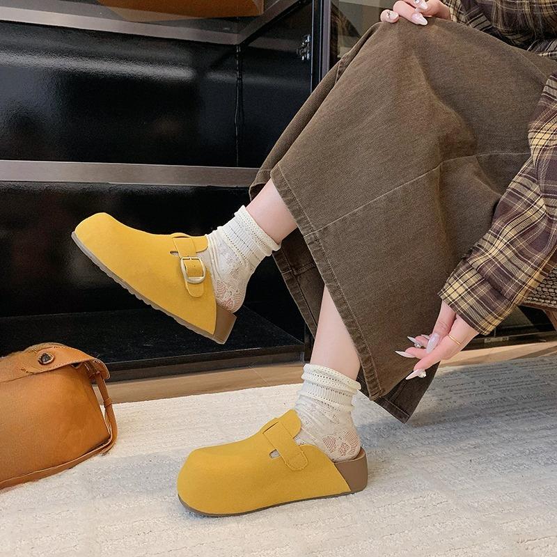 Fashion Flannelette Wrapped Slippers Autumn New Round Toe Deep Mouth Metal Belt Buckle Non-slip Platform Flats