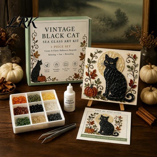 Easy Craft Kit for Beginners Halloween Sea Glass Art DIY Kit, Ghost Black Cat Owl Raven Pumpkin Creative Journey Gift Set Mosaic Set, Beginner