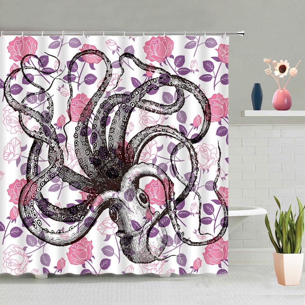 Meerjungfrau Oktopus Duschvorhang Set Abstrakt Ozean Nautisch Fantasy Tiere Tentakel Meeresschildkröte Badezimmer Vorhänge Badezimmer Dekor Sets