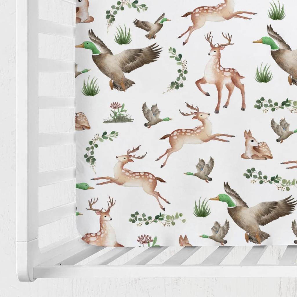 Woodland Wild Animals Hunting Crib Sheets for Girls and Boys 52"x28" Hunting Deer Duck Leaves Crib Mattress Sheet Soft Breathable Nursery Bed Sheet