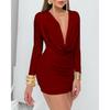 2026 new swing neck deep V long sleeve tight mini hip wrap dress sexy pleated skirt