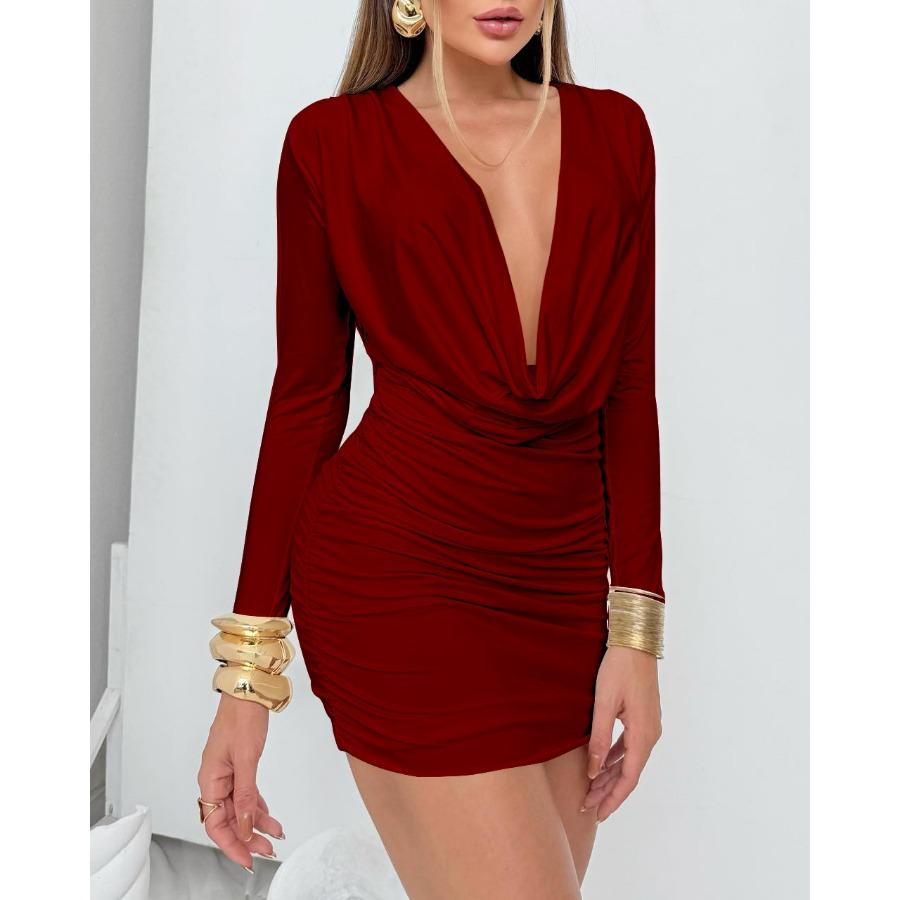 2026 new swing neck deep V long sleeve tight mini hip wrap dress sexy pleated skirt