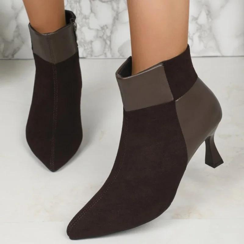 2024 Autumn High Heels Ankle Boots Plus Size Leopard Women Boots Retro Pointed Ladies Shoes Side Zipper Booties