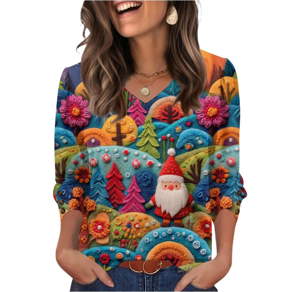 Women's Fashionable Casual Christmas Printed V-neck Top
