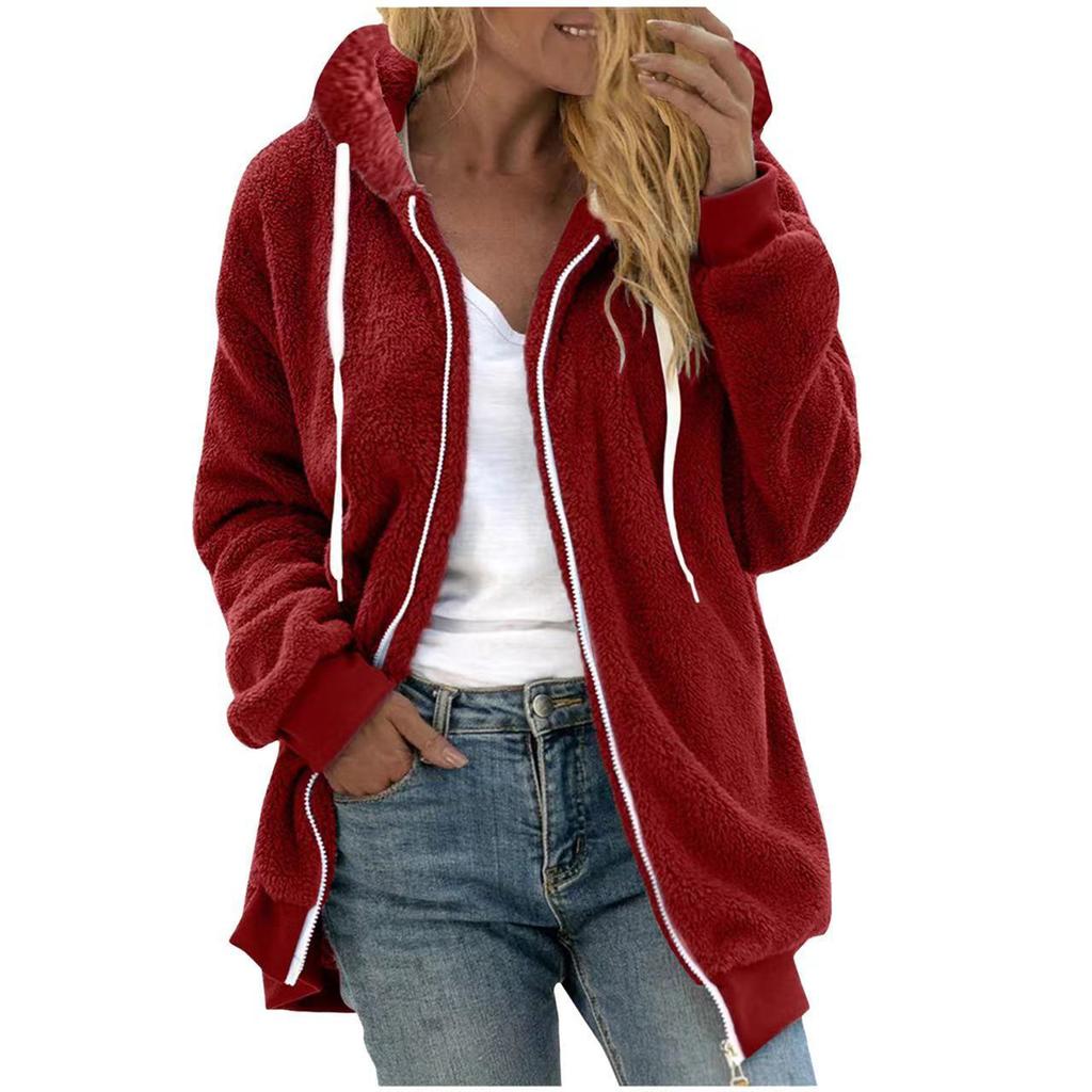 Women's Fashionable Plush Zipper Solid Color Pocket Hooded Long Sleeved Loose Warm Jacket