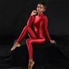 High Elastic Women'S Unitard Long Zipper Open Crotch Satin Shiny Glossy Sheer Full Bodysuit Sexy Shaping Slim Tights Clubwear