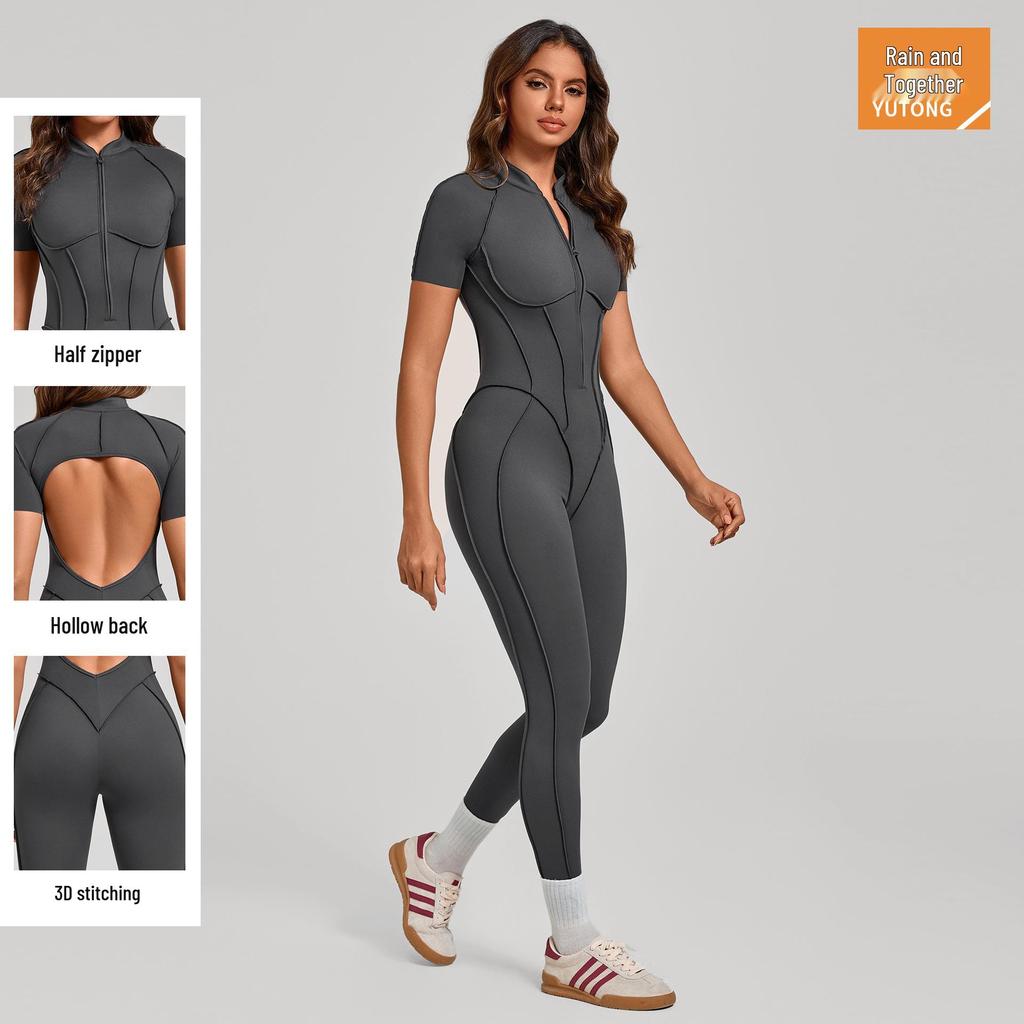 Women's Short-Sleeve Half-Zip Tummy-Control Yoga Jumpsuit