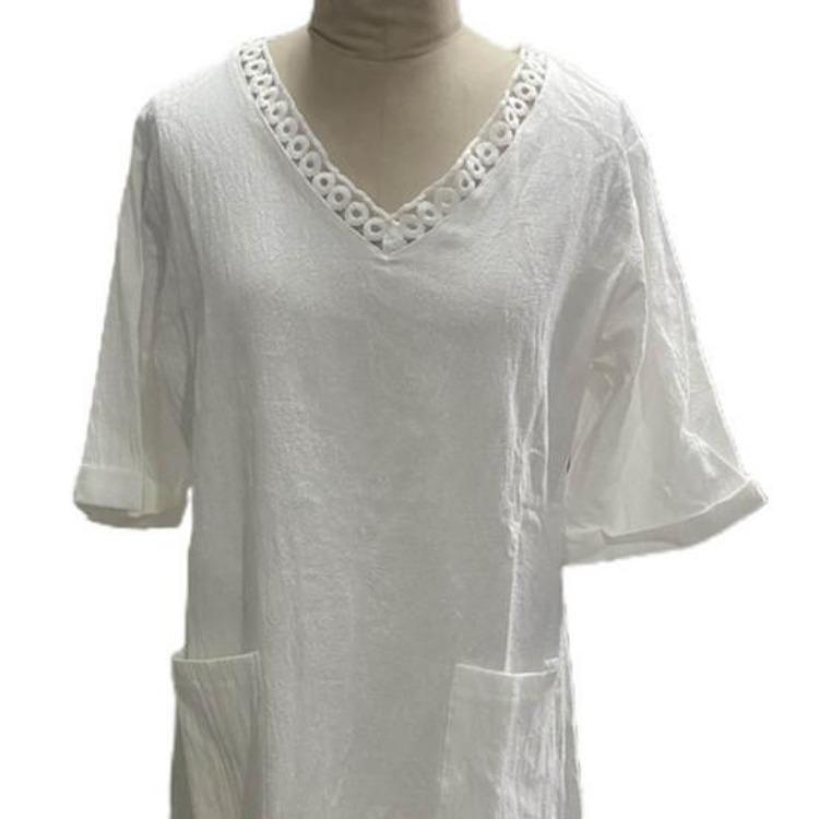 Summer Casual Dress V Neck Short Sleeves High Waist Midi Loose Knee Length Daily Wear Solid Color with Side Pockets