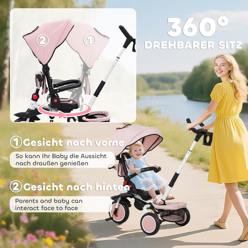 6 In 1 Foldable Kids Trike with Adjustable Parent Handle & Canopy for Ages 1-5, Pink