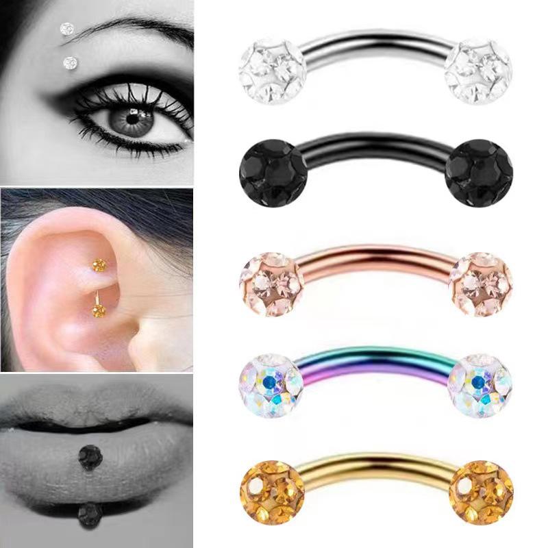 Multi-Color Eyebrow Stud Ring with Rhinestone & Polymer Clay Ball, 3MM