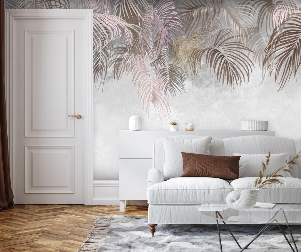 Wallpaper Leaves Brown Beige Pink